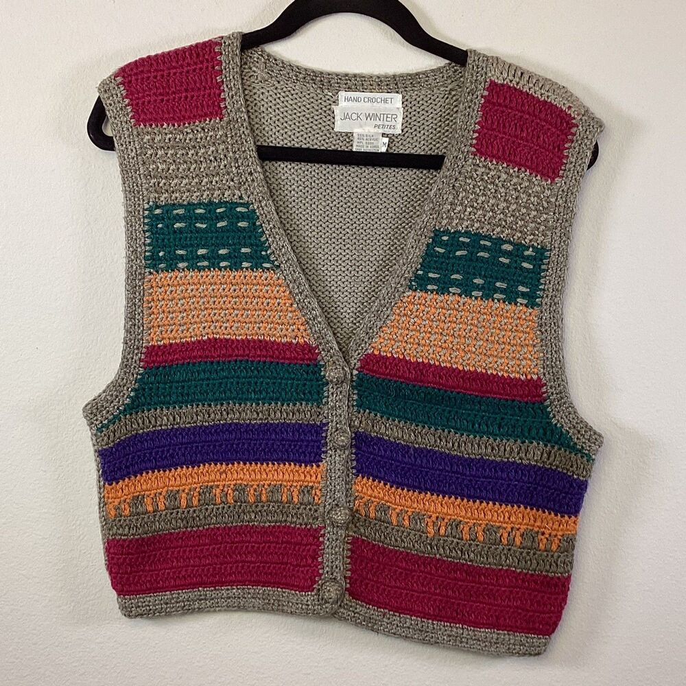 Vintage Jack Winter Hand Crochet Vest Medium Petites Silk Blend Button Down